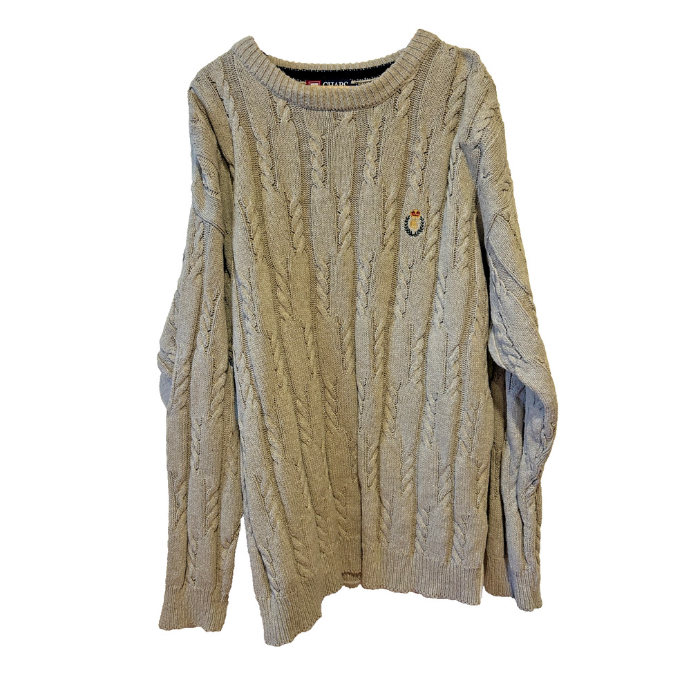 Vintage Chaps Ralph Lauren Cable Knit Sweater Sz XL Preppy Beige Crest Fisherman